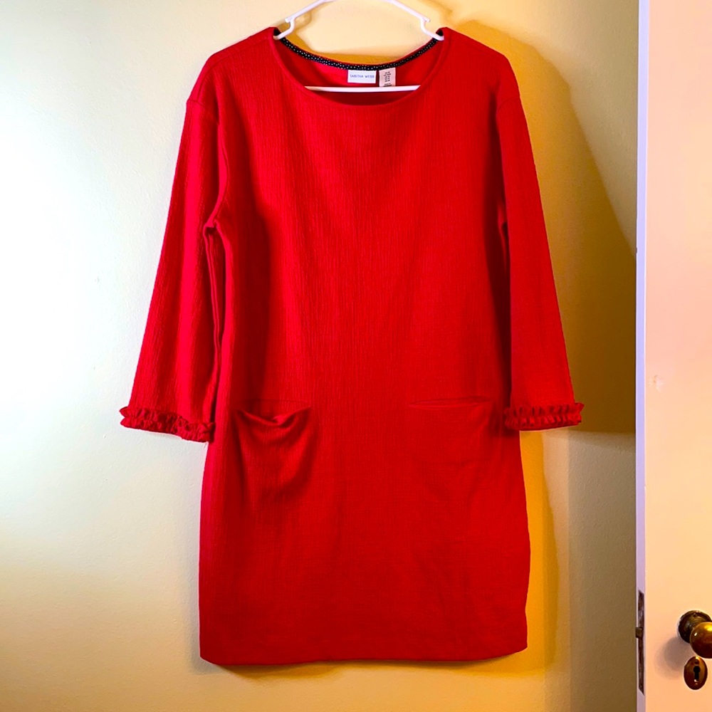 Tabitha Webb red shift dress with ruffle sleeve